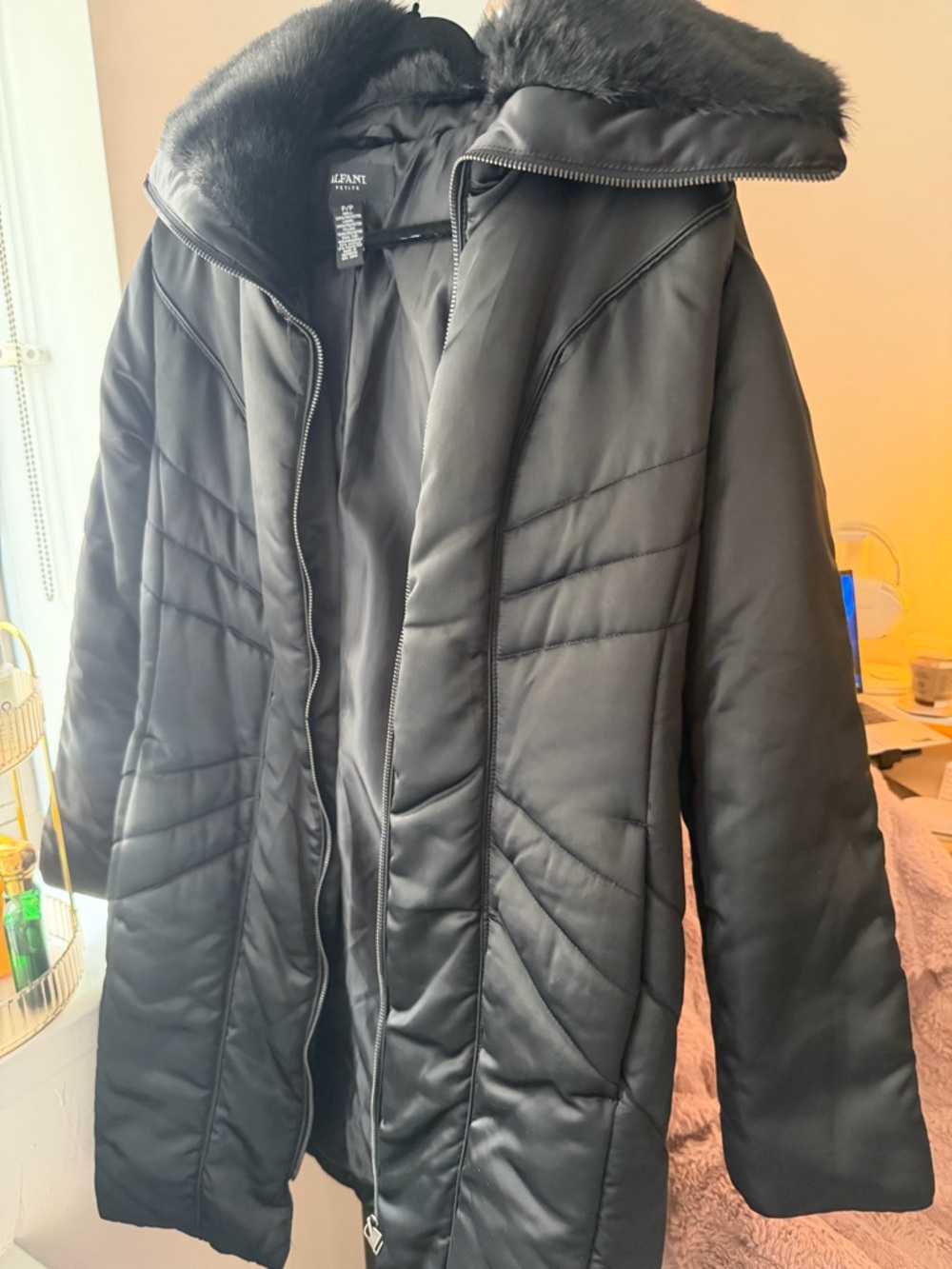 Alfani Petite Black Faux-Fur Trim Puffer Coat - Picture 4 of 5